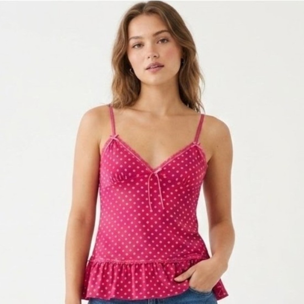 Vtg Rampage Polka Dot Camisole Women Sm Pink Lace Ruffle Trim Top Y2K Coquette